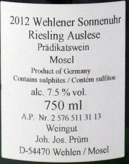2012 Joh. Jos. Prüm Wehlener Auslese Sonnenhur Riesling branco