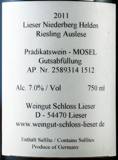 2011 Schloss Lieser Niederberg Helden Riesling Auslese Goldkapsel branco