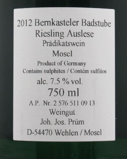 2012 Joh. Jos. Prüm Bernkasteler Badstube Auslese branco