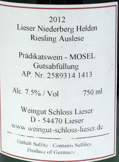 2012 Niederberg Helden Riesling Auslese Goldkapsel Schloss Lieser branco