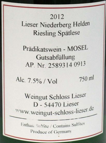 2012 Niederberg Schloss Lieser Helden Riesling Spätlese white