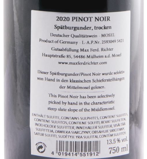 2020 Max Ferd. Richter Spätburgunder Pinot Noir tinto (rótulo danificado)