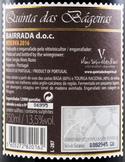 2016 Quinta das Bágeiras Reserva red