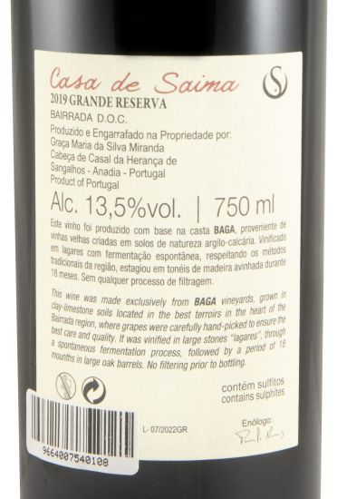 2019 Casa de Saima Grande Reserva tinto