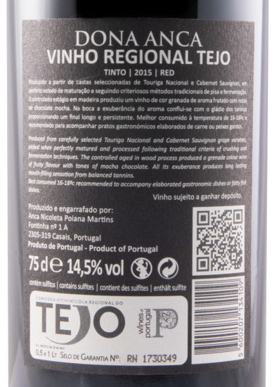 2015 Dona Anca Reserva tinto (rótulo danificado)