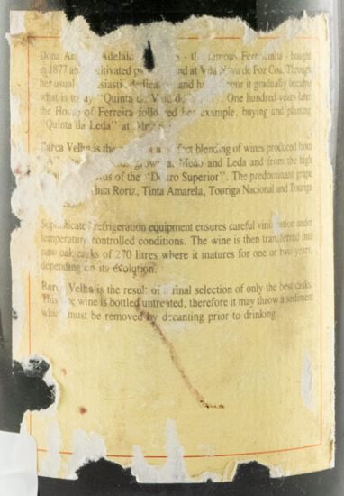 1985 Barca Velha tinto (nível baixo e rótulo danificado)