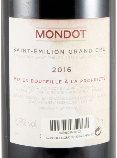 2016 Mondot Saint-Émilion tinto (rótulo danificado)