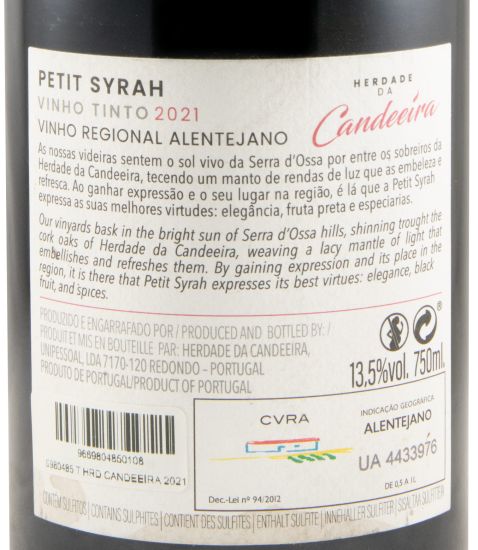 2021 Herdade da Candeeira Petit Syrah tinto (rótulo danificado)