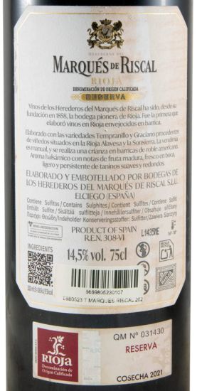 2021 Marqués de Riscal Reserva Rioja tinto (rótulo danificado)