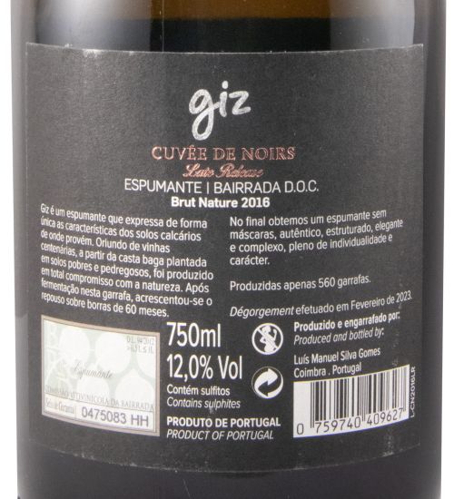 2016 Espumante Giz by Luís Gomes Cuvée de Noirs Late Release Bruto Natural
