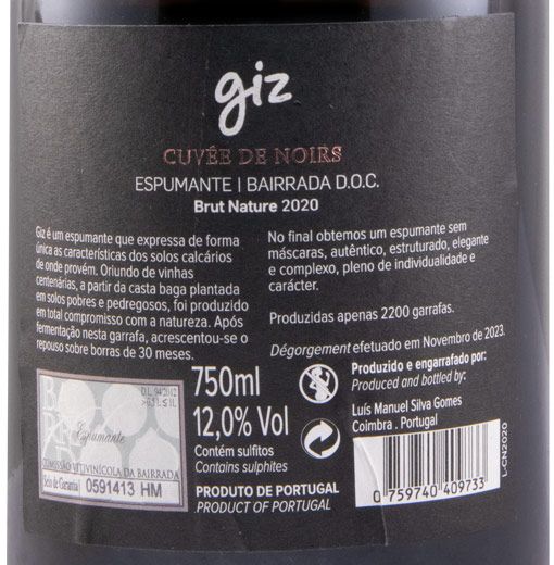2020 Espumante Giz by Luís Gomes Cuvée de Noirs Bruto Natural