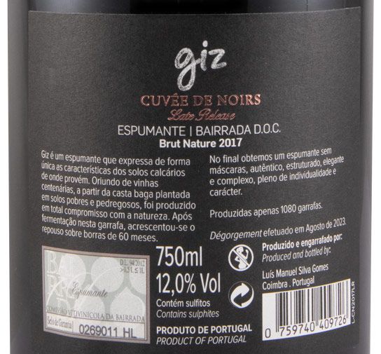 2017 Espumante Giz by Luís Gomes Cuvée de Noirs Late Release Bruto Natural
