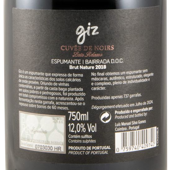 2018 Espumante Giz by Luís Gomes Cuvée de Noirs Late Release Bruto Natural