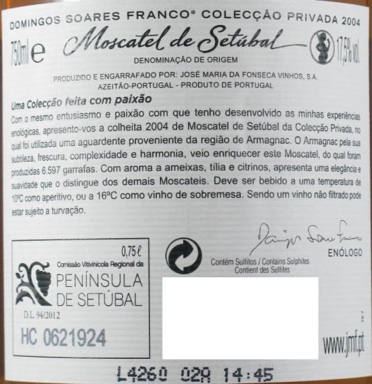 2004 Moscatel de Setúbal Domingos Soares Franco Armagnac Coleção Privada