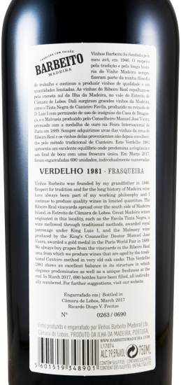 1981 Madeira Barbeito Ribeiro Real Verdelho Frasqueira
