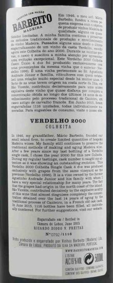 2000 Madeira Barbeito Single Cask 4 D+E Verdelho 50cl