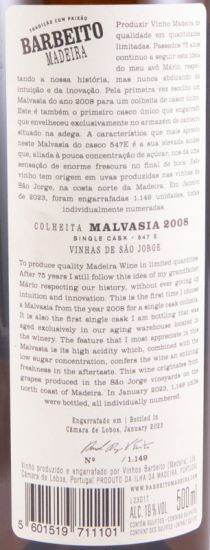 2008 Madeira Barbeito Single Cask Malvasia 50cl