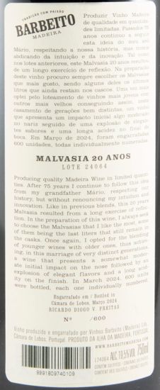 Madeira Barbeito Lote 24064 Malvasia 20 years