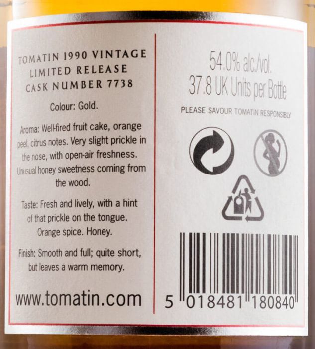 1990 Tomatin Limited Release Cask N.º 7738
