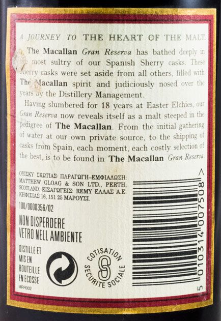 1979 Macallan 18 years Gran Reserva Sherry Cask (bottled in 1997)