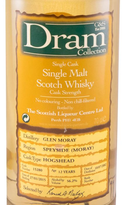 2002 Dram Collection The Scottish Liqueur Centre Glen Moray 12 anos (engarrafado em 2015)
