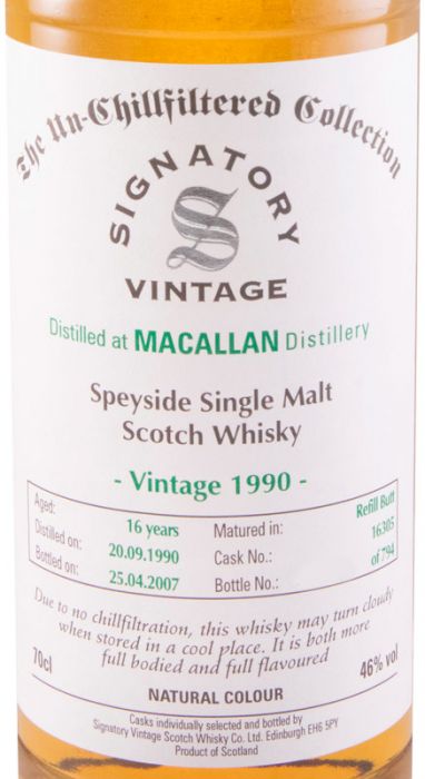 1990 Signatory Vintage Macallan Cask 16305 The Un-Chillfiltered Collection 16 anos (engarrafado em 2007)