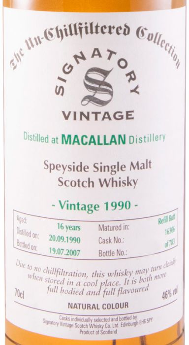 1990 Signatory Vintage Macallan Cask 16306 The Un-Chillfiltered Collection 16 anos (engarrafado em 2007)