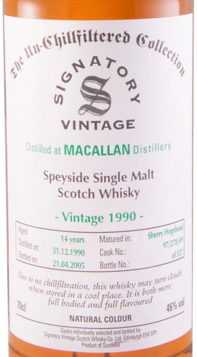 1990 Signatory Vintage Macallan Cask 97/278/49 The Un-Chillfiltered Collection 14 anos (engarrafado em 2005)