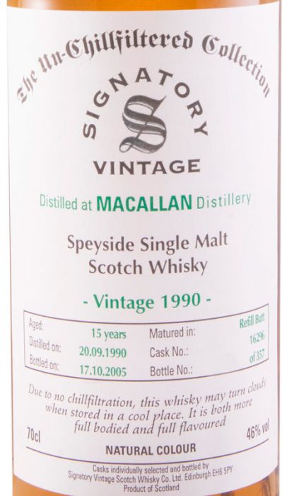 1990 Signatory Vintage Macallan Cask 16296 The Un-Chillfiltered Collection 15 anos (engarrafado em 2005)