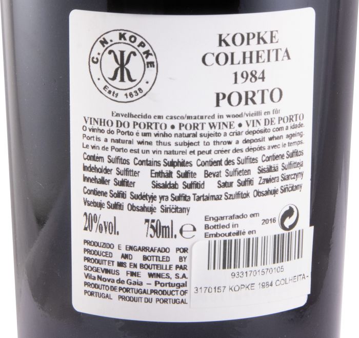 1984 Kopke Colheita Porto (engarrafado em 2016)