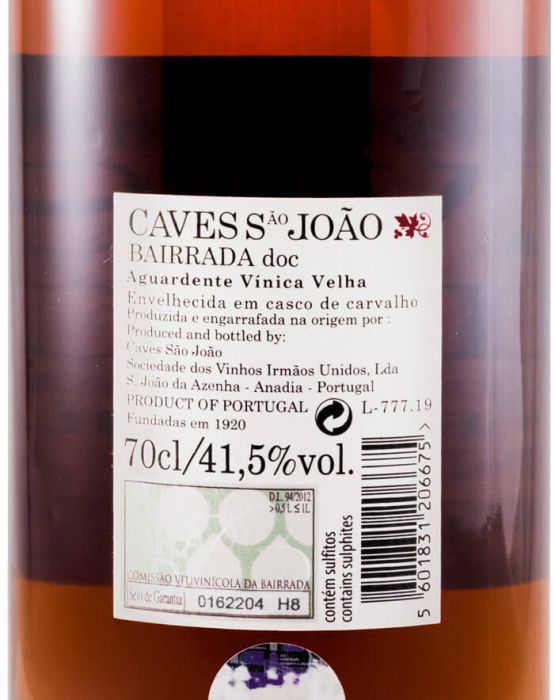 Aguardente Vínica Caves São João Velha (rótulo em cortiça)