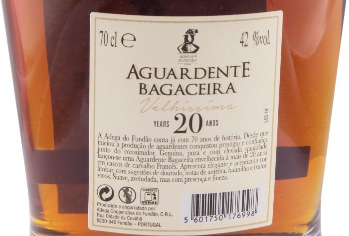 Aguardente Bagaceira Adega do Fundão Velhíssima 20 anos