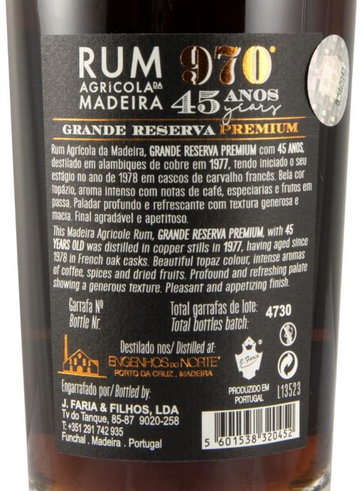1977 Rum Agrícola da Madeira 970 Grande Reserva Premium 45 anos 50cl