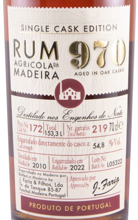 2010 Rum Agrícola da Madeira 970 Single Cask Edition Pipa 172