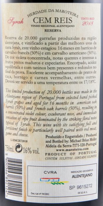 2018 Herdade da Maroteira Cem Reis Reserva Syrah red