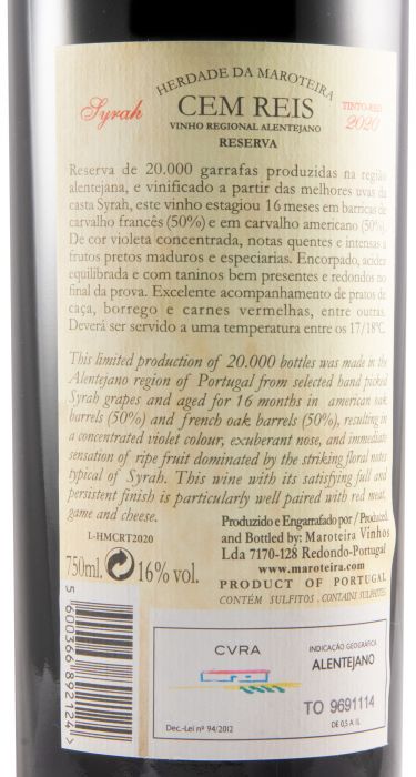 2020 Herdade da Maroteira Cem Reis Reserva Syrah tinto