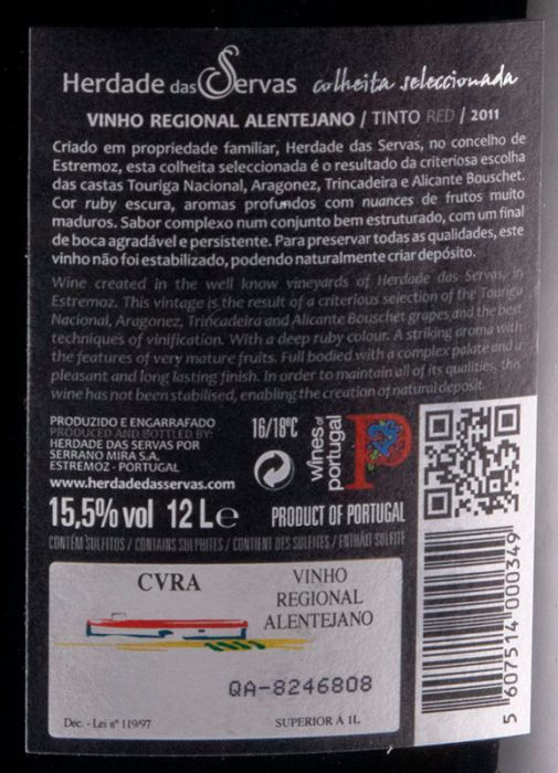 2011 Herdade das Servas Colheita Seleccionada tinto 12L