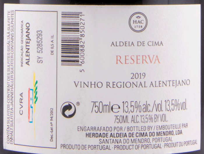 2019 Herdade Aldeia de Cima Reserva red