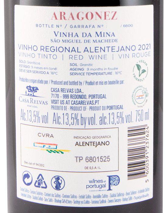 2021 Casa Relvas Vinha da Mina Aragonez tinto