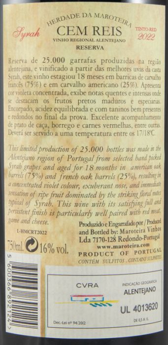 2022 Herdade da Maroteira Cem Reis Reserva Syrah tinto