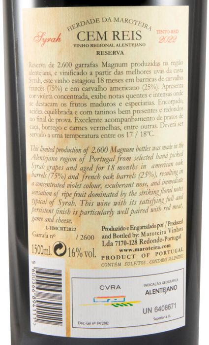 2022 Herdade da Maroteira Cem Reis Reserva Syrah tinto 1,5L