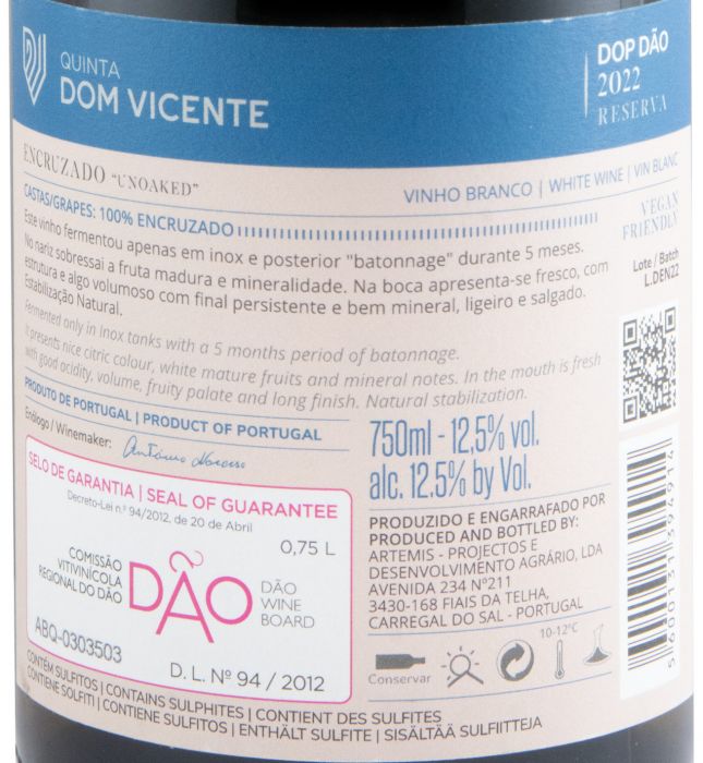 2022 Dom Vicente Encruzado Unoaked Reserva branco