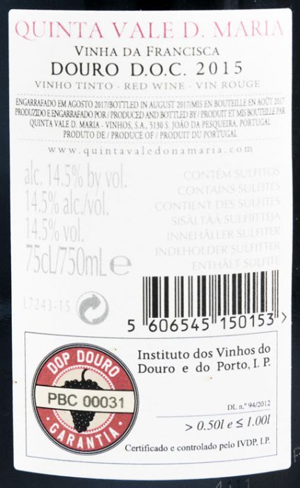 2015 Quinta Vale D. Maria Vinha da Francisca red