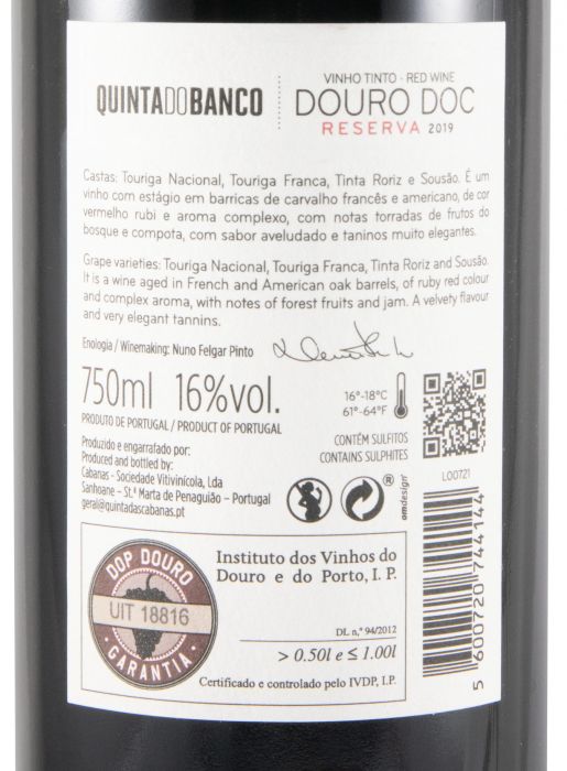 2019 Quinta do Banco Reserva tinto