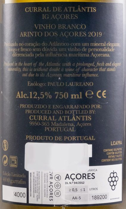 2019 Curral Atlântis Arinto dos Açores Edição Limitada branco