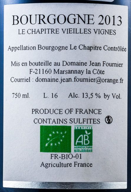2013 Domaine Jean Fournier Le Chapitre Bourgogne biológico tinto
