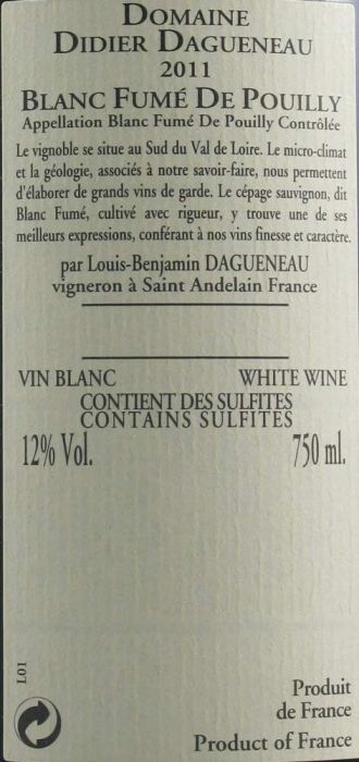 2011 Domaine Didier Dagueneau Blanc Fumé De Pouilly branco