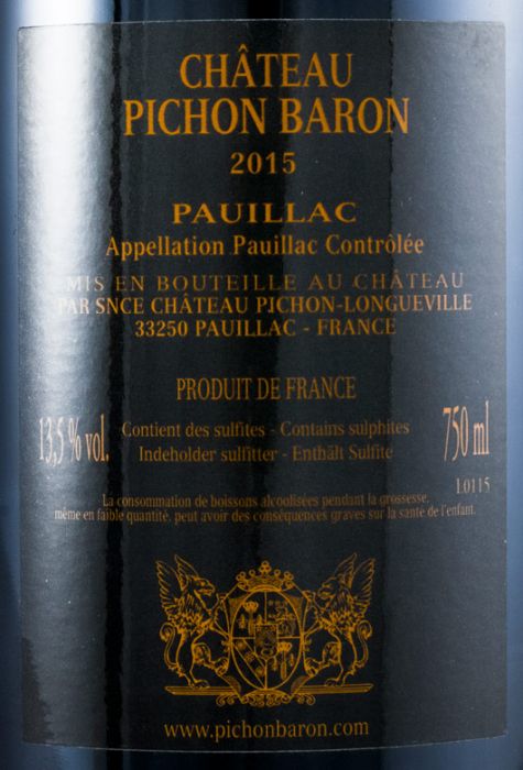 2015 Château Pichon Baron au Baron de Pichon-Longueville Pauillac tinto