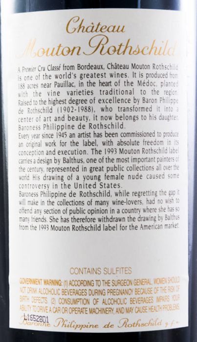 1993 Château Mouton Rothschild Pauillac tinto (rótulo EUA)