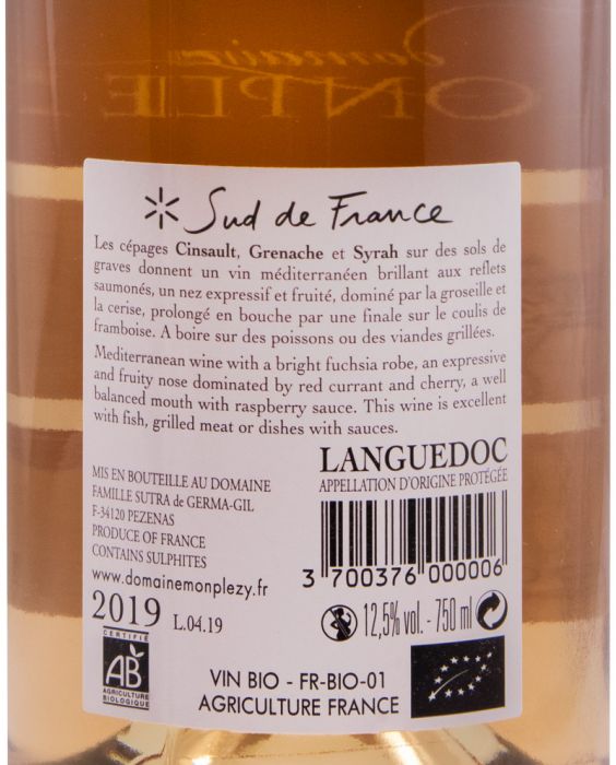 2019 Domaine Monplézy Plaisirs Languedoc biológico rosé